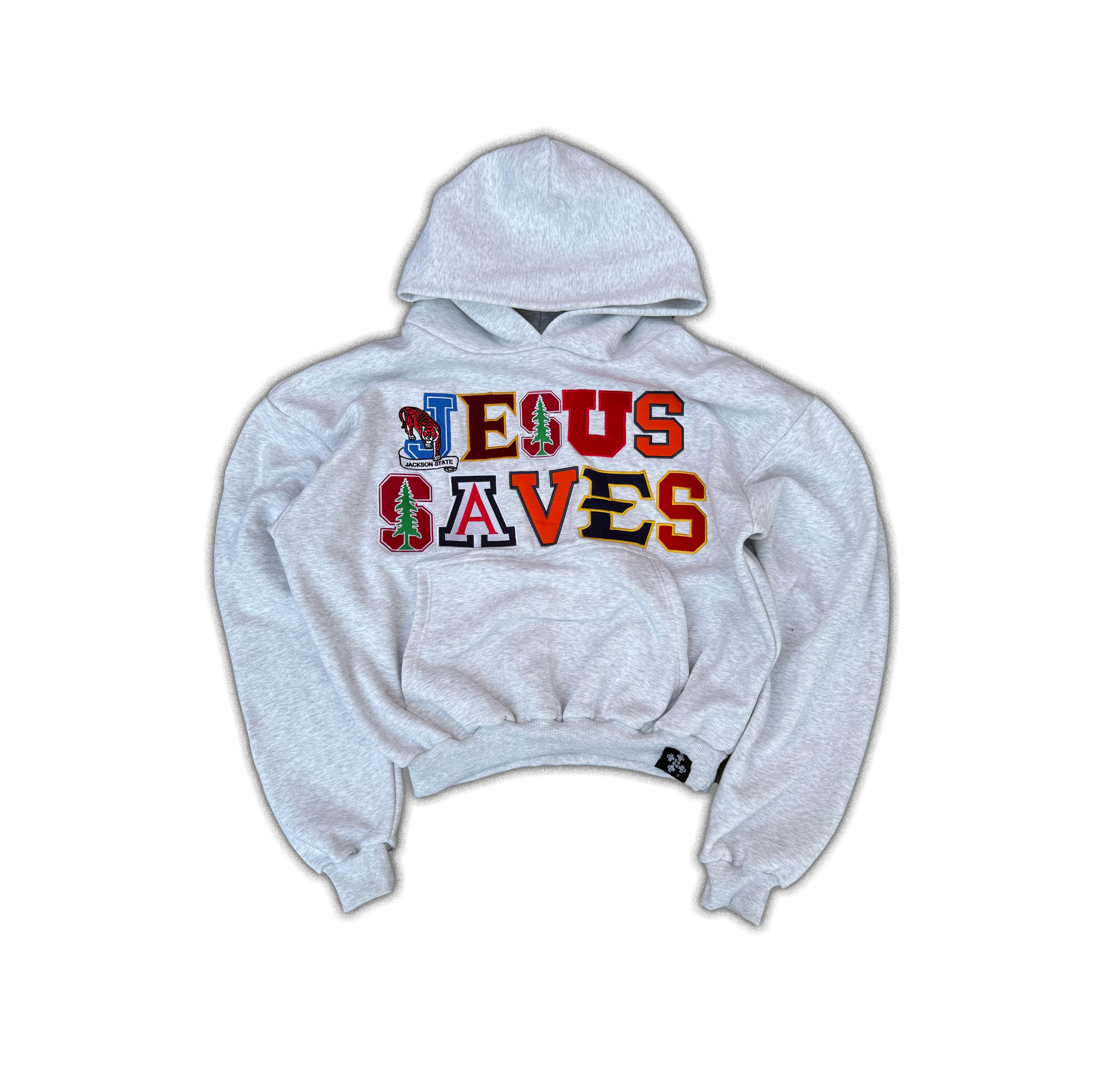 'JESUS SAVES' COLLEGE LOGO HOODIE