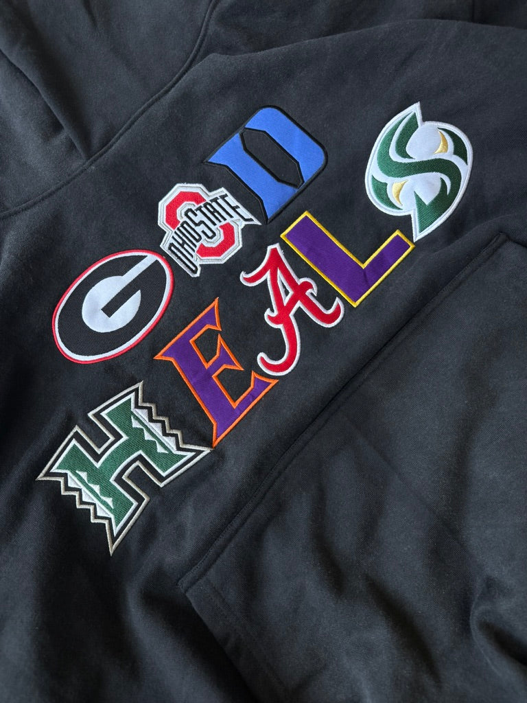 &#39;GOD HEALS&#39; COLLEGE LOGO HOODIE