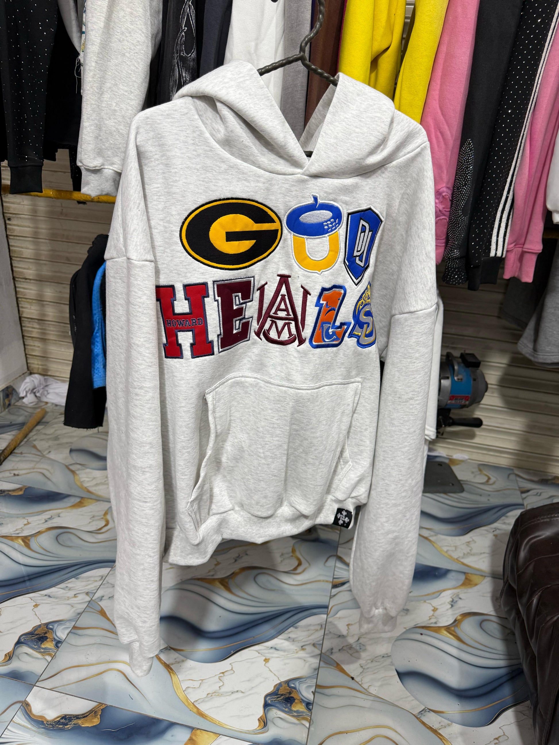 &#39;GOD HEALS&#39; HBCU COLLEGE LOGO HOODIE