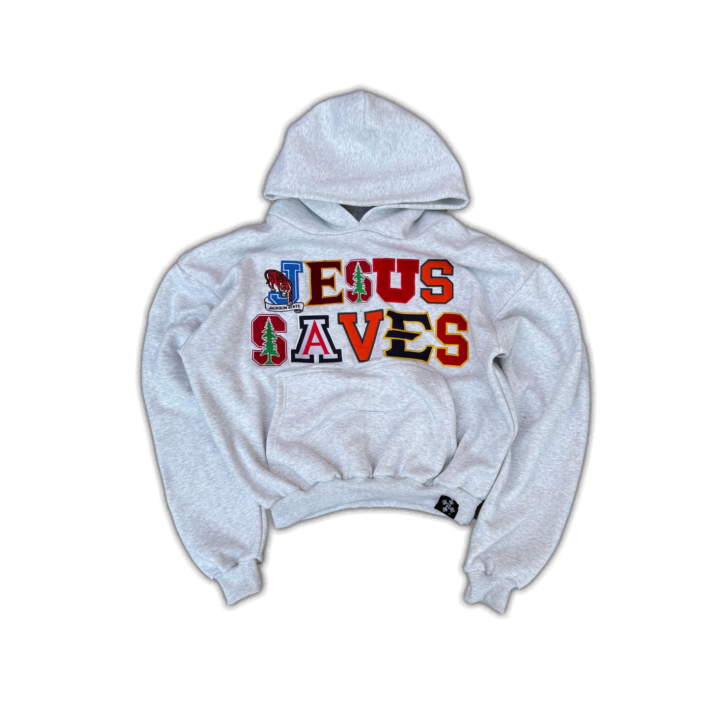 &#39;JESUS SAVES&#39; COLLEGE LOGO HOODIE